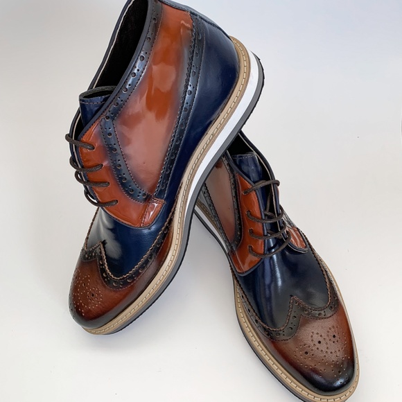 Brown-Navy Blue Derby Leather Half Boot - Picture 6 of 11